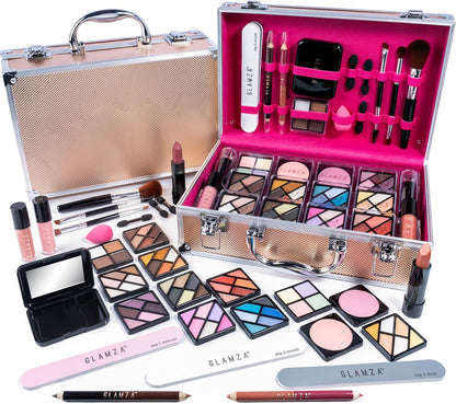 84 Piece "Hot to Handle" Vegan Vanity Case - Full Aluminium Frame - Pink Lining - Premium Makeup Set with Eyeshadows, Brushes, Lip Gloss & More