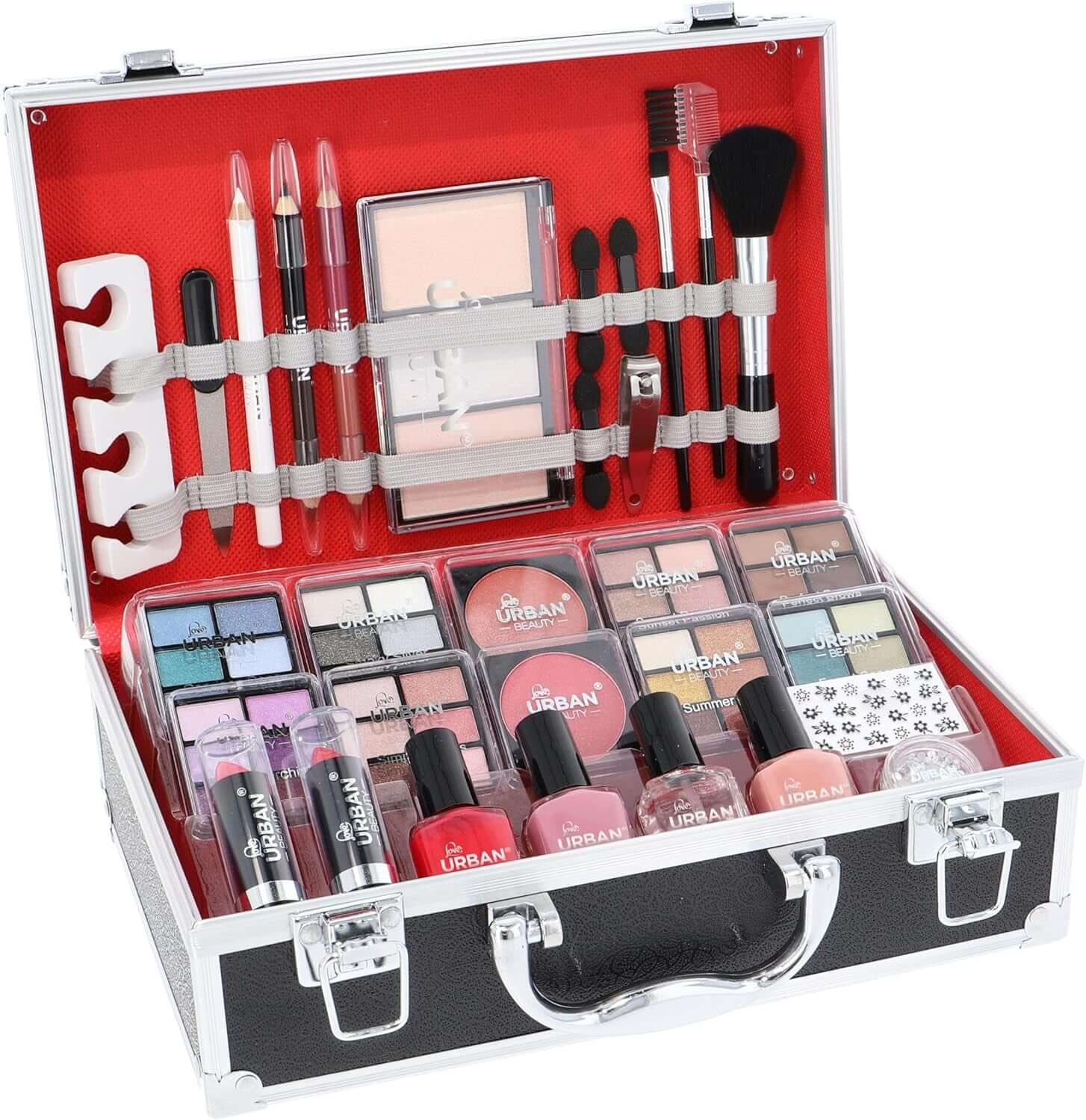 Divine Beauty Vegan French Manicure Makeup Box – 76-Piece Makeup Sets – Includes Eyeshadows, Highlighter, Lipstick, Blush, Brushes, Manicure Accessories – Ideal Vanity Case for Home