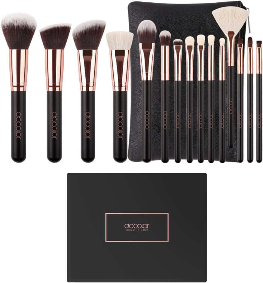 Pro Makeup Brushes Sets 15 Pieces Perfectly Apply Powder, Cream and Liquid with PU Leather Bag Classic Rose Gold