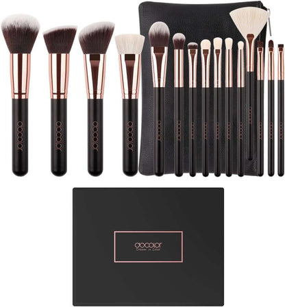 Pro Makeup Brushes Sets 15 Pieces Perfectly Apply Powder, Cream and Liquid with PU Leather Bag Classic Rose Gold