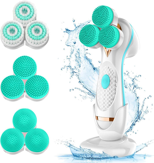 3D Facial Cleansing Brush, Electric Face Scrubber with 3 Replacement Heads for Deep Cleaning|Gentle Exfoliate|Tighten Skin (Blue)