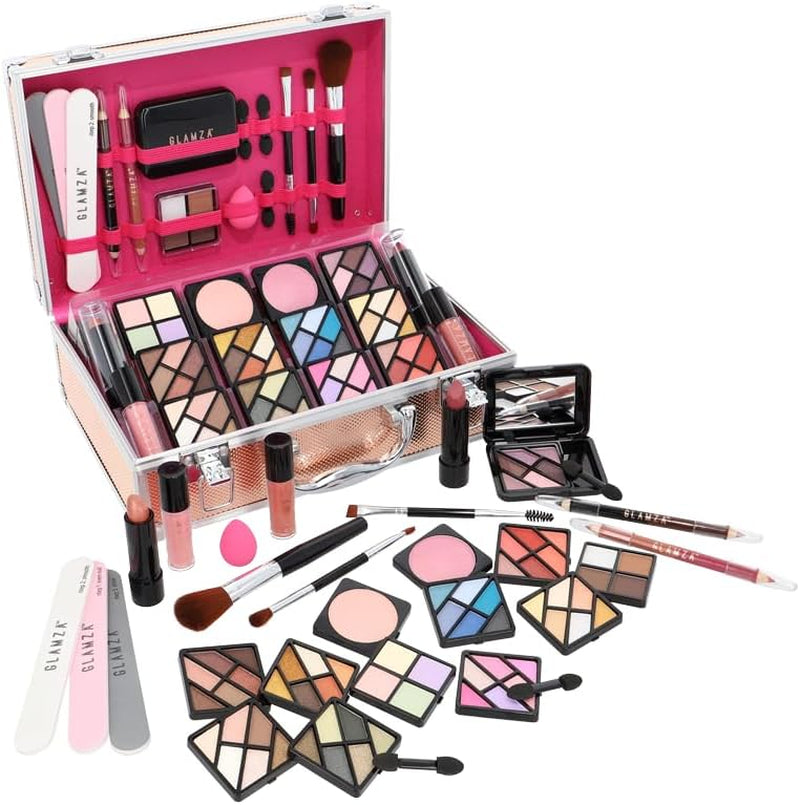 84 Piece "Hot to Handle" Vegan Vanity Case - Full Aluminium Frame - Pink Lining - Premium Makeup Set with Eyeshadows, Brushes, Lip Gloss & More