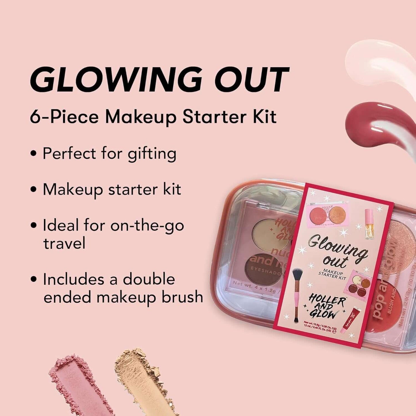 Holler and Glow Glowing Out Makeup 5-Piece Gift Set, Includes Eyeshadow Quad, Blush and Highlighter Duo, Lip Oil, Lip Gloss and Dual Ended Makeup Brush