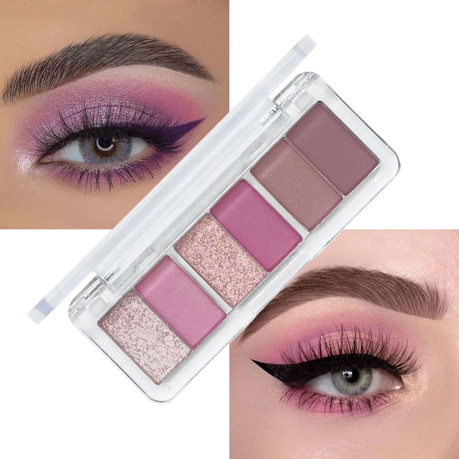 Pink Eyeshadow Palette, Shimmering Eye Shadow Pallets for Women, 6 Color Nude Pink Brown Matte Glitter Eyeshadows, Pigmented Waterproof Long Lasting Make-Up Palettes Gift for Women