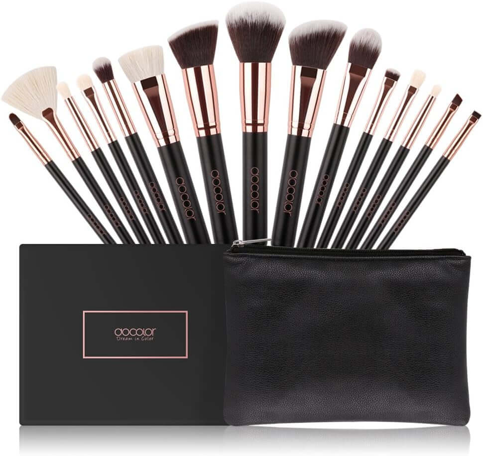 Pro Makeup Brushes Sets 15 Pieces Perfectly Apply Powder, Cream and Liquid with PU Leather Bag Classic Rose Gold