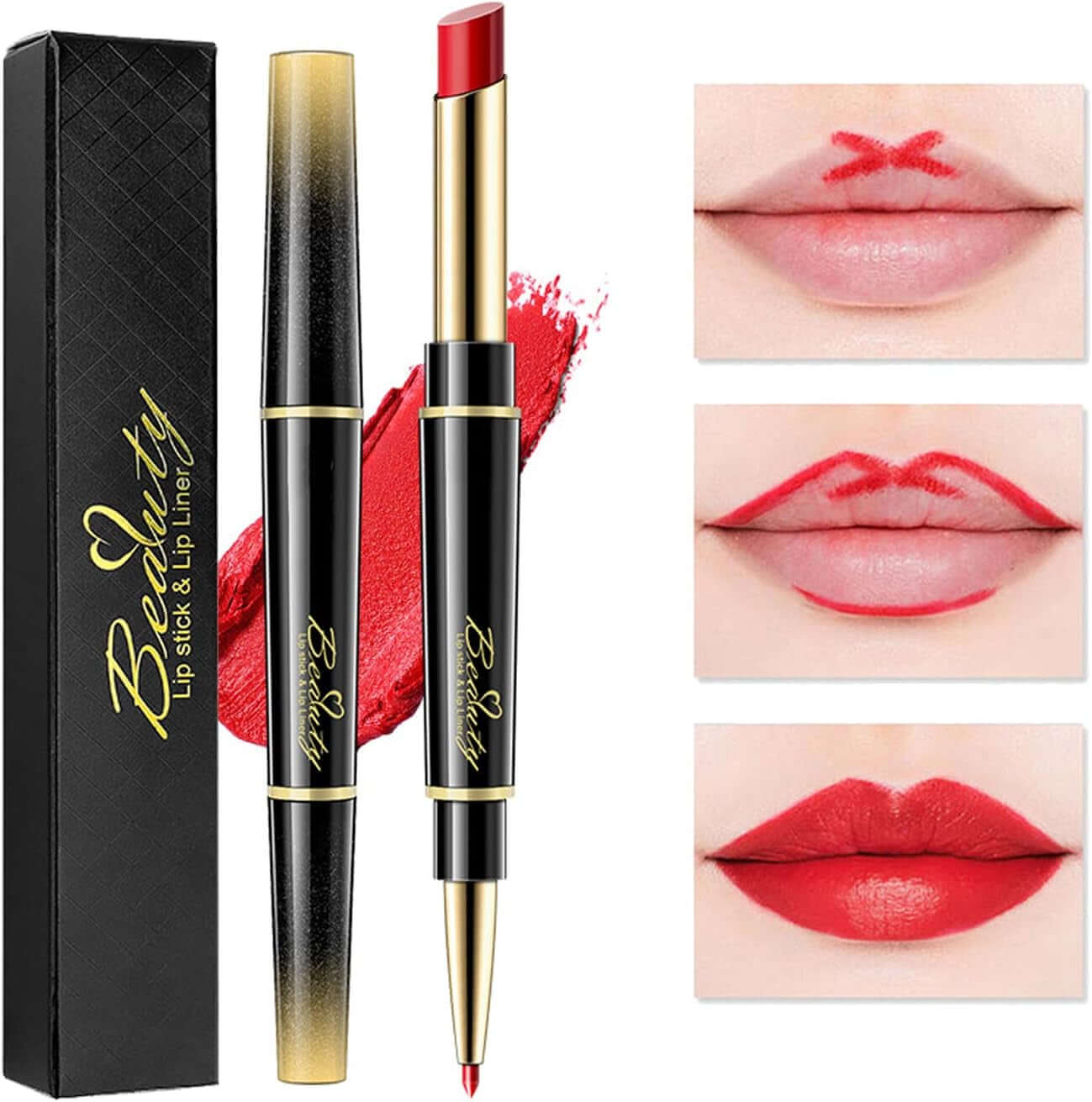 Lip Liner and Lipstick Set,2-In-1 Double Head Matte Cream Lipstick & Lip Liner,Waterproof Sweatproof No Smudge Long-Lasting Moisturizing Smooth Highly Pigmented Makeup Set(Red)