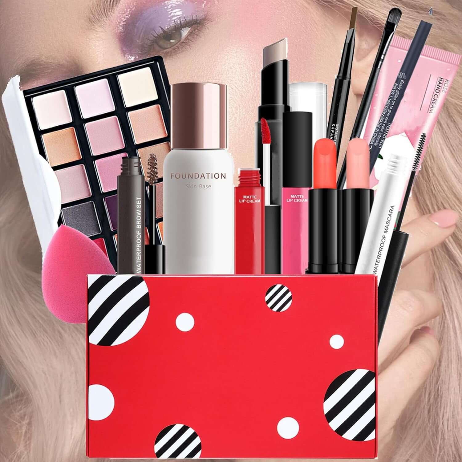 All in One Makeup Kit, Full Makeup Essential Starter Kit for Beginners or Pros, Multi-Purpose Makeup Kit Makeup Gift Set for Women, 15 Colors Eyeshadow Palette Lip Gloss Foundation Eyebrow Pencil