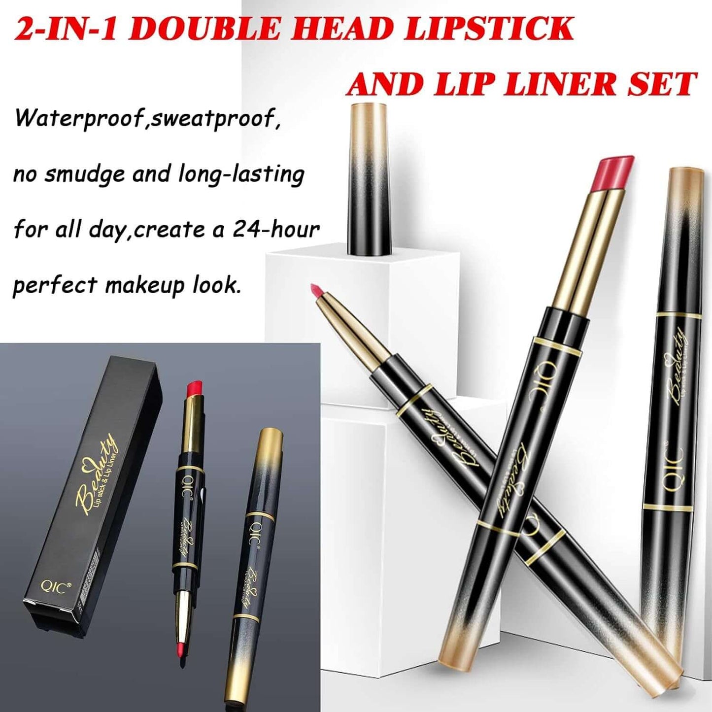 Lip Liner and Lipstick Set,2-In-1 Double Head Matte Cream Lipstick & Lip Liner,Waterproof Sweatproof No Smudge Long-Lasting Moisturizing Smooth Highly Pigmented Makeup Set(Red)