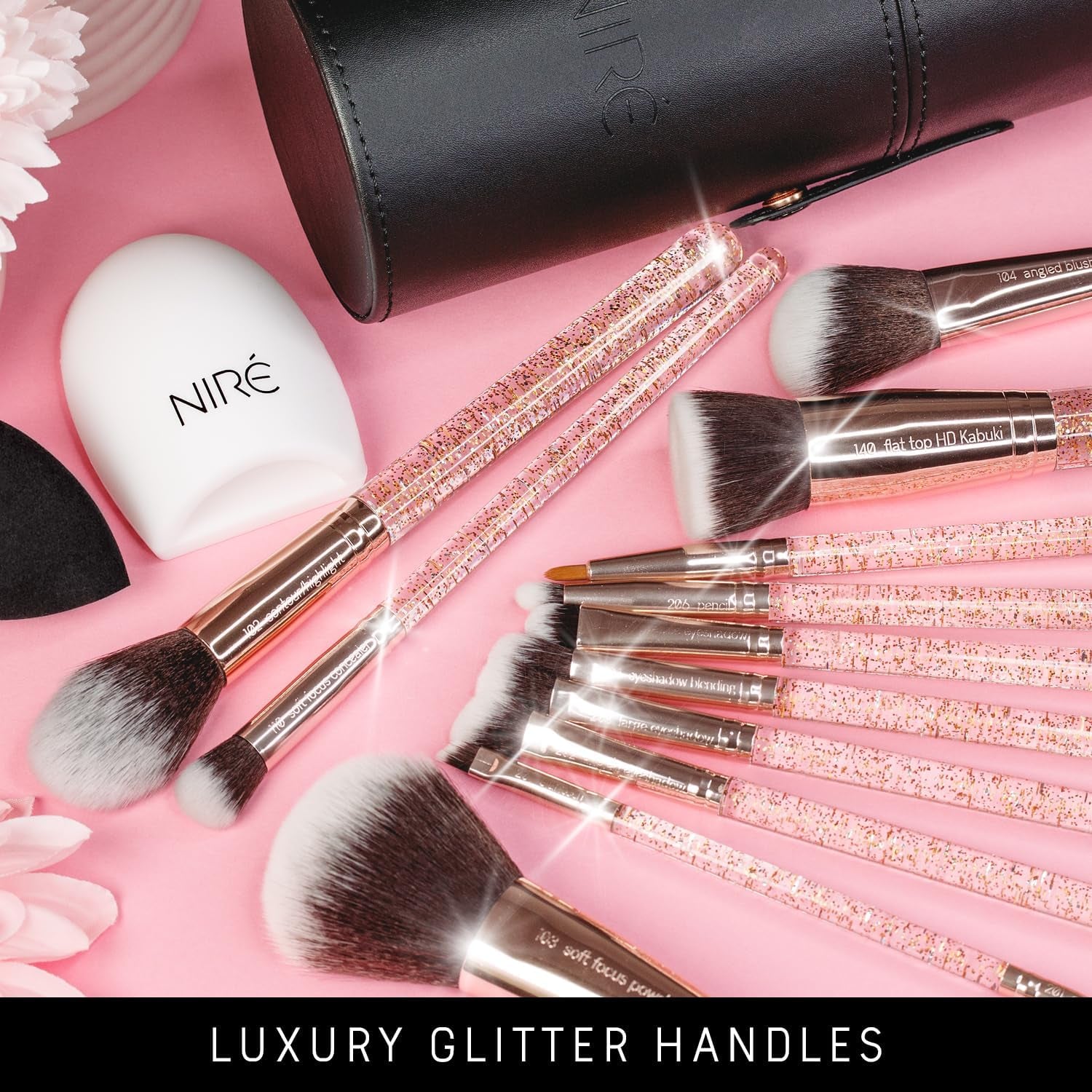 Beauty 15Piece Award Winning Glitter Makeup Brushes: Cute Makeup Brushes Set with Case, Beauty Blender, Cleaner, Guide, Gift Box