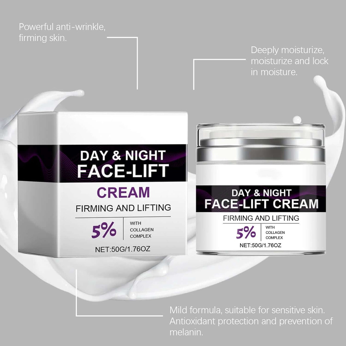 Firming Face Cream, Face Cream for Women with Collagen Complex 5%, Day & Night Moisturiser Face Women, anti Aging Face Cream, Anti-Wrinkle, Reduce Fine Lines Lifting and Firming Cream, 50G/1.76OZ