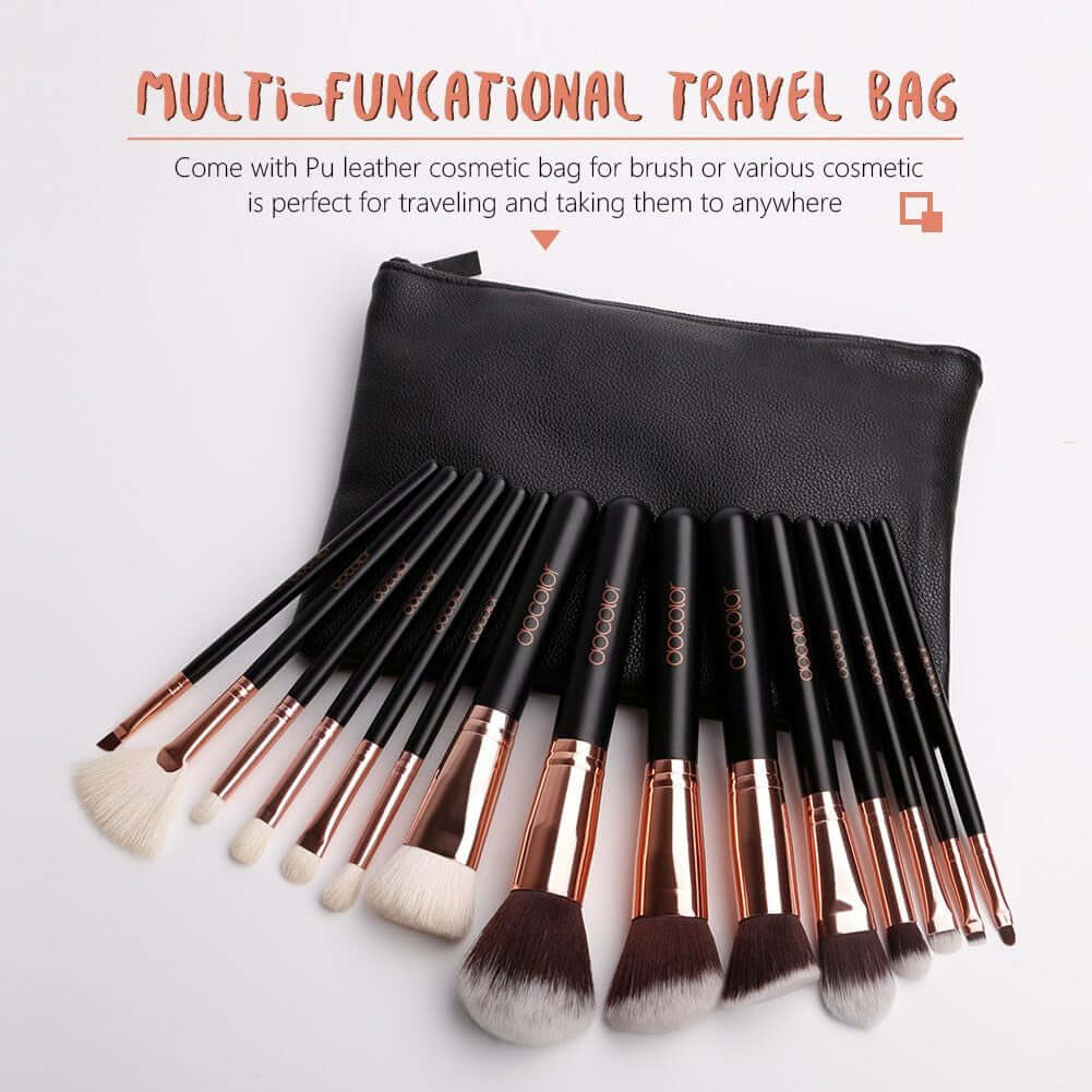 Pro Makeup Brushes Sets 15 Pieces Perfectly Apply Powder, Cream and Liquid with PU Leather Bag Classic Rose Gold