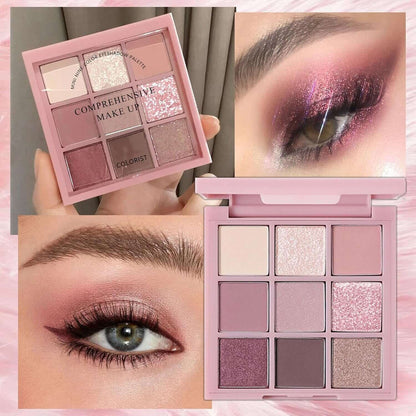 Pink Eyeshadow Palette, Make-Up Palettes Shimmer Glitter Eye Shadow Pallets for Women, Matte Make up Palette Set, 9 Colour Nude Natural Long Lasting Highly Pigmented Pink Brown Eyeshadow with Brush