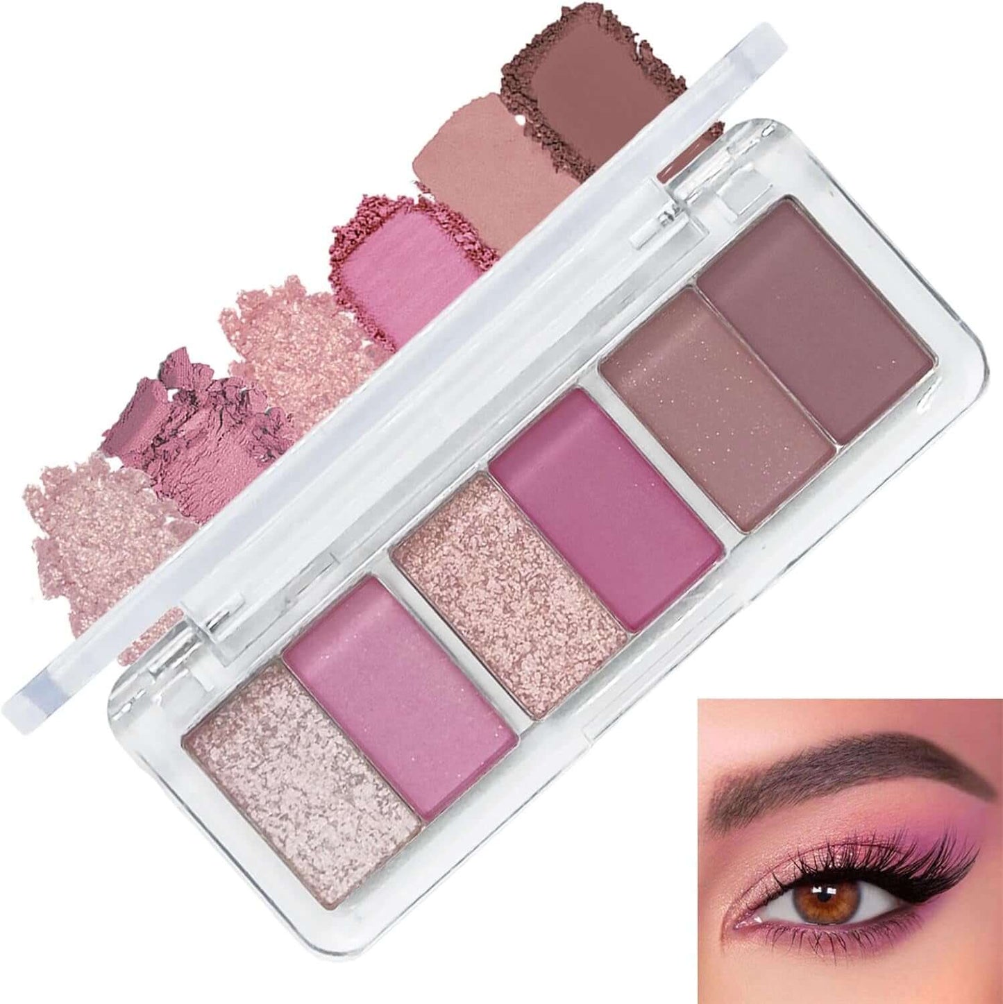 Pink Eyeshadow Palette, Shimmering Eye Shadow Pallets for Women, 6 Color Nude Pink Brown Matte Glitter Eyeshadows, Pigmented Waterproof Long Lasting Make-Up Palettes Gift for Women