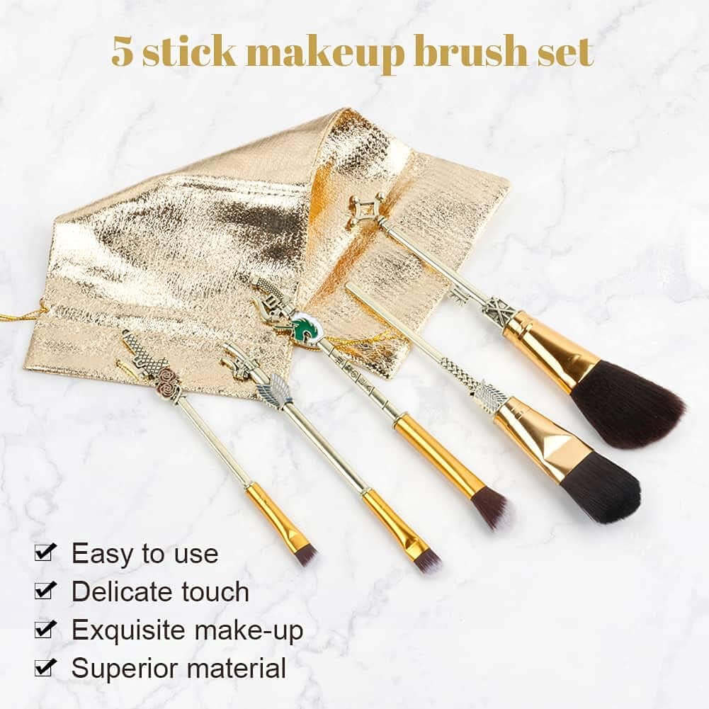 Makeup Brush Set Attack on Titan Anime Collection for Foundation Blush Eyeshadow Face Concealer Eyeliner Contour Powder Liquid Eye, Gift for Girls Women, Attack on Titan Merch, 5 Pcs, Deep Gold