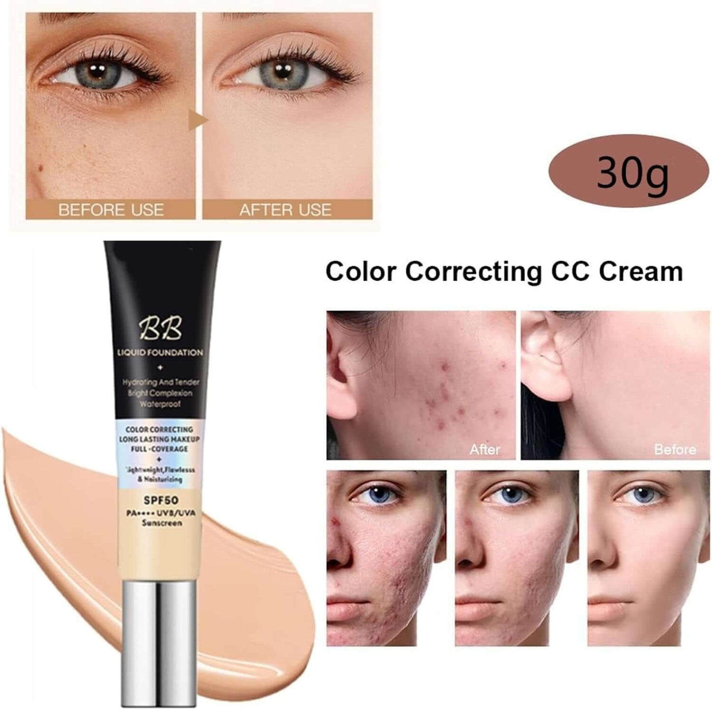 Natural Sunscreen Foundation SPF50 - BB Cream Tinted Moisturiser for Mature Skin - Skin Tone Adjusting CC Cream