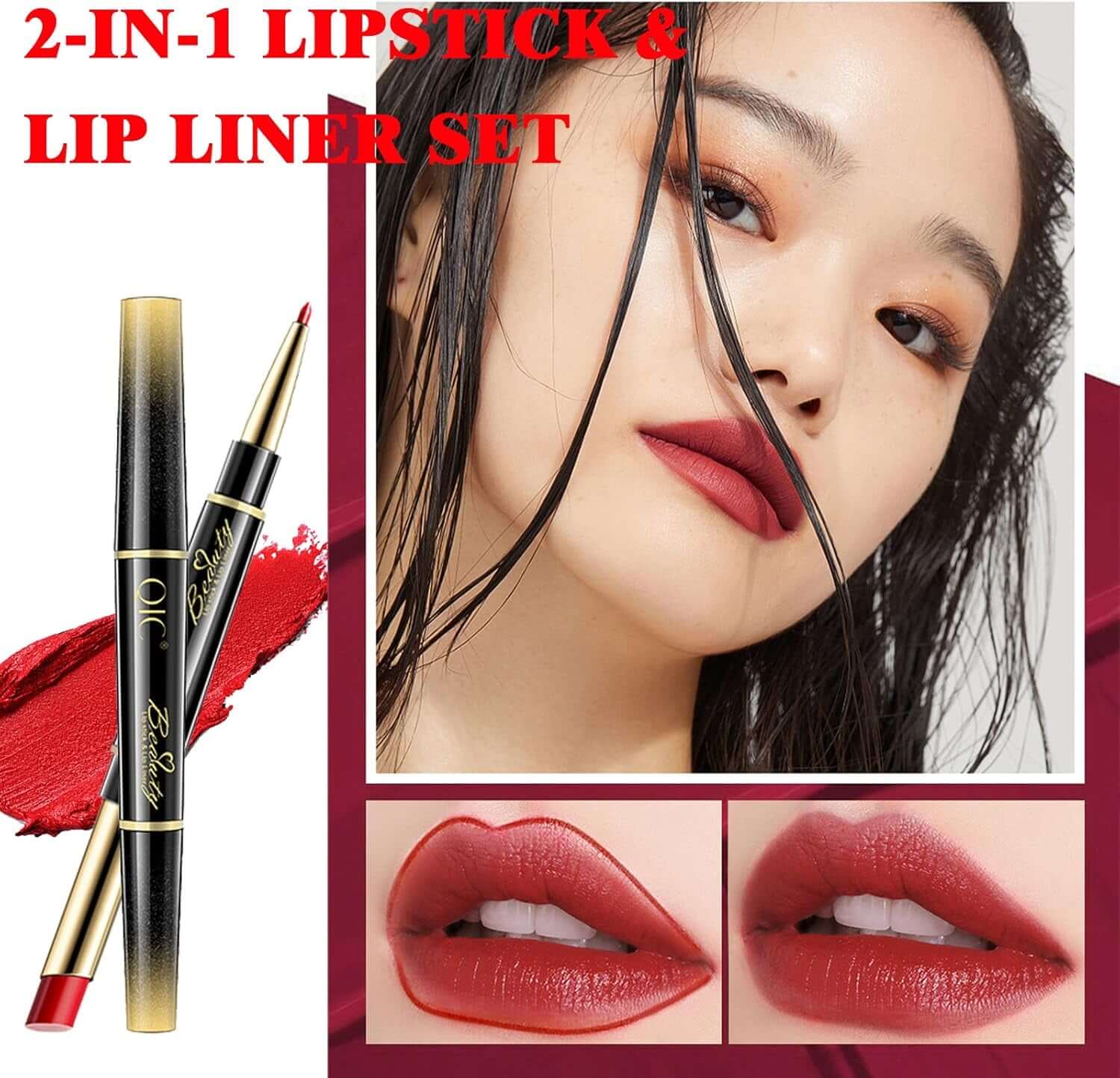 Lip Liner and Lipstick Set,2-In-1 Double Head Matte Cream Lipstick & Lip Liner,Waterproof Sweatproof No Smudge Long-Lasting Moisturizing Smooth Highly Pigmented Makeup Set(Red)