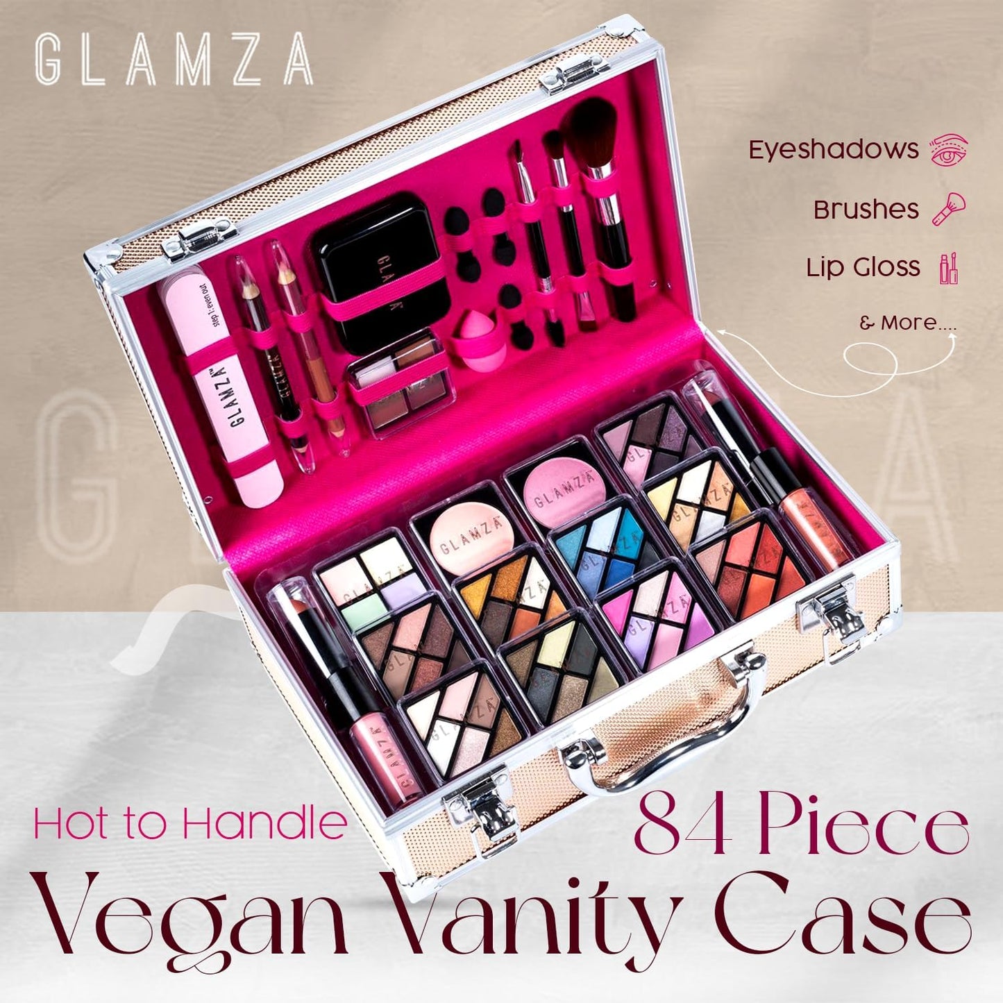 84 Piece "Hot to Handle" Vegan Vanity Case - Full Aluminium Frame - Pink Lining - Premium Makeup Set with Eyeshadows, Brushes, Lip Gloss & More