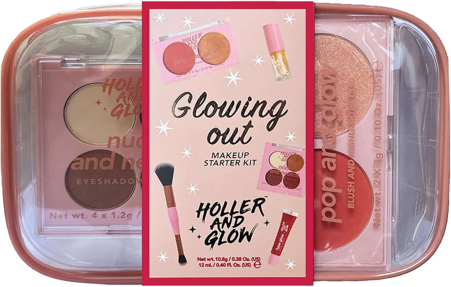 Holler and Glow Glowing Out Makeup 5-Piece Gift Set, Includes Eyeshadow Quad, Blush and Highlighter Duo, Lip Oil, Lip Gloss and Dual Ended Makeup Brush